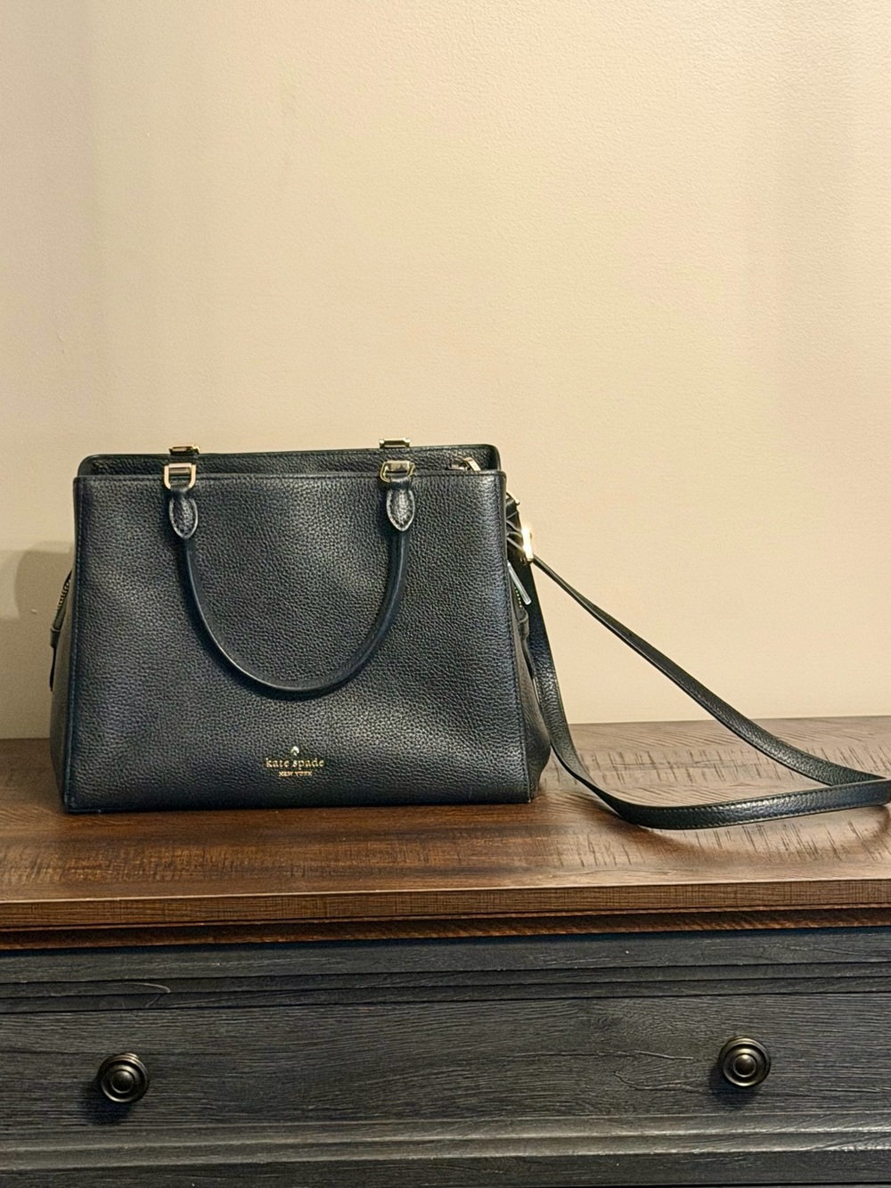 Kate Spade Black Pebbled Leather Satchel with Adjustable Strap